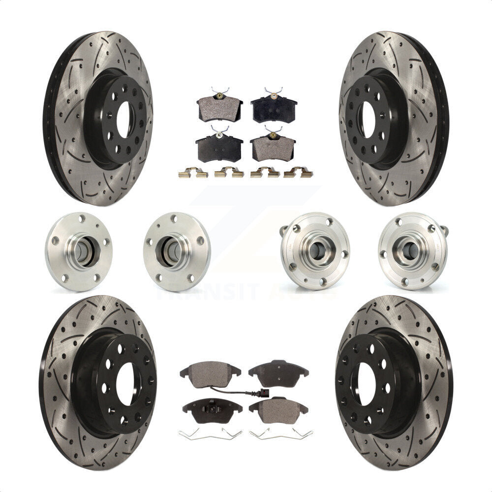 Front Rear Hub Bearings Assembly Coated Disc Brake Rotors And Semi-Metallic Pads Kit (10Pc) For 2014 Volkswagen Beetle R-Line GSR with 2.0L With 272mm Diameter Rotor KBB-116725 by Transit Auto