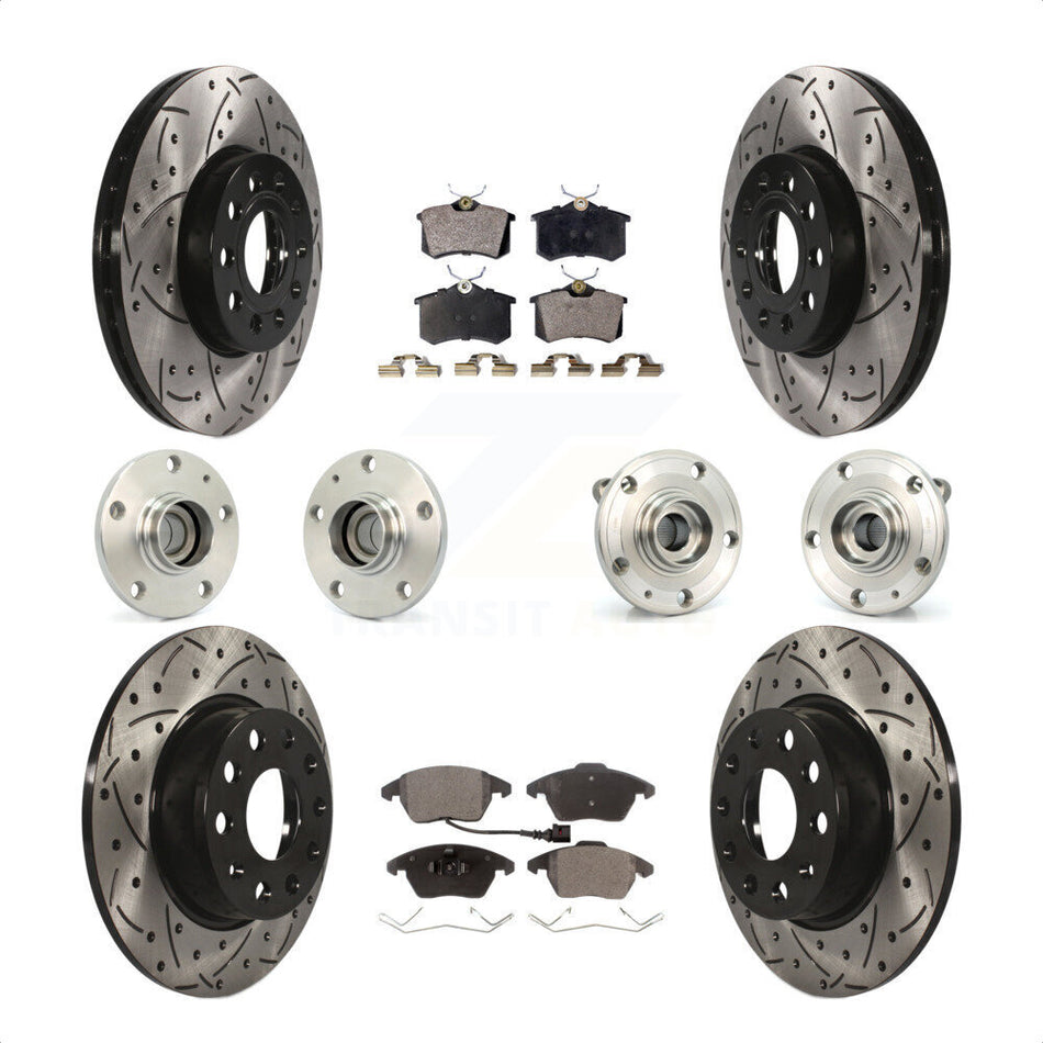 Front Rear Hub Bearings Assembly Coated Disc Brake Rotors And Semi-Metallic Pads Kit (10Pc) For 2014 Volkswagen Beetle Sportline with 2.0L With 272mm Diameter Rotor KBB-116726 by Transit Auto