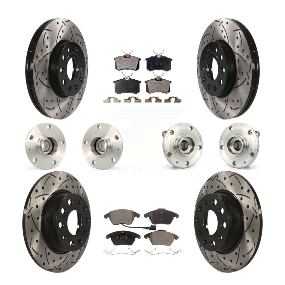 Front Rear Hub Bearings Coated Disc Brake Rotors And Semi-Metallic Pads Kit (10Pc) For 2014 Volkswagen Beetle Base Highline Comfortline with 2.5L With 272mm Diameter Rotor KBB-116727 by Transit Auto