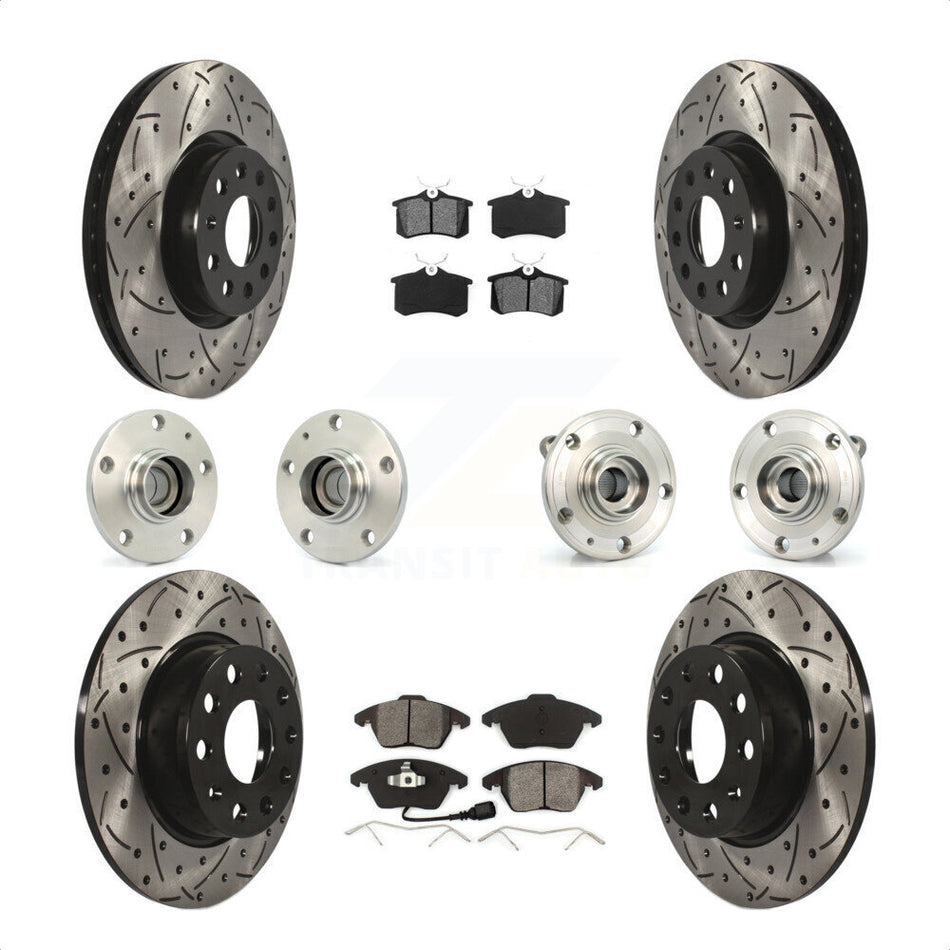 Front Rear Hub Bearings Assembly Coated Disc Brake Rotors And Semi-Metallic Pads Kit (10Pc) For 2014 Volkswagen Beetle R-Line GSR with 2.0L With 272mm Diameter Rotor KBB-116730 by Transit Auto