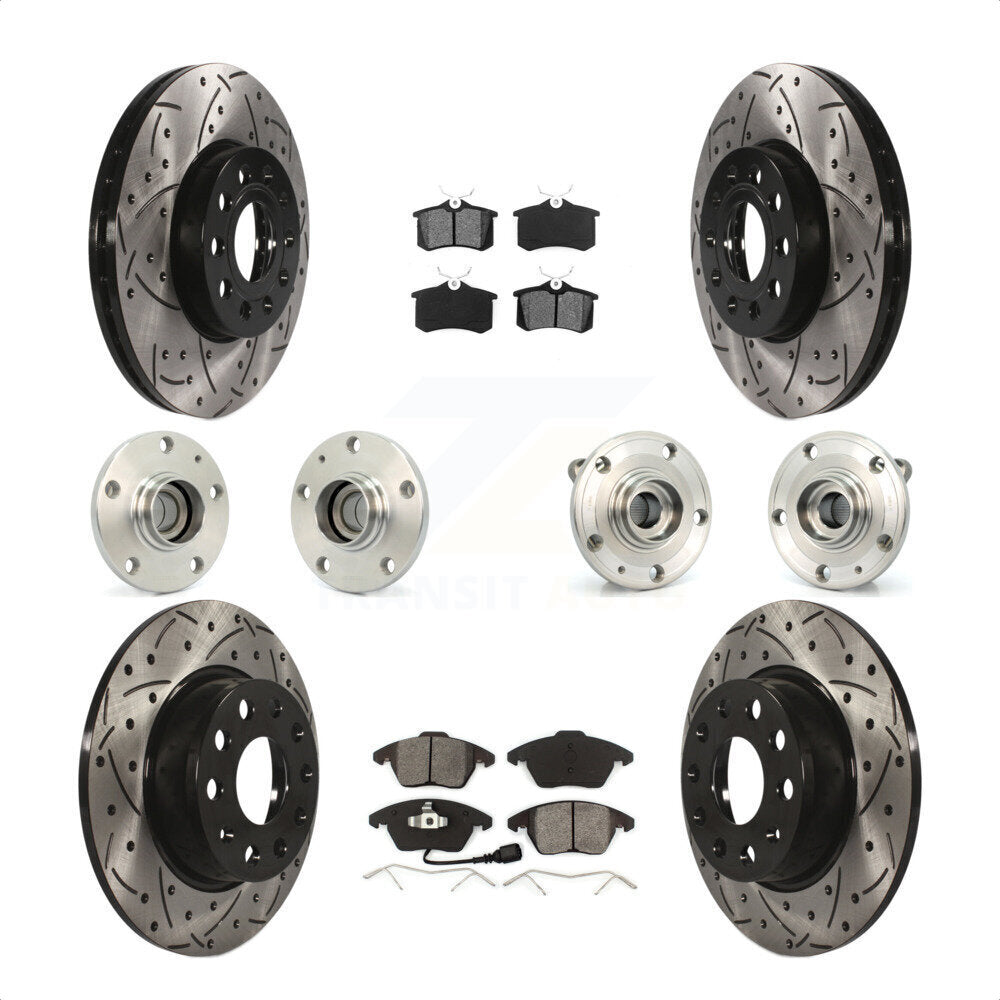 Front Rear Hub Bearings Assembly Coated Disc Brake Rotors And Semi-Metallic Pads Kit (10Pc) For 2014 Volkswagen Beetle Sportline with 2.0L With 272mm Diameter Rotor KBB-116731 by Transit Auto