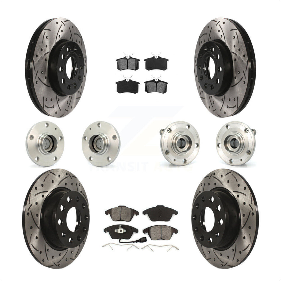 Front Rear Hub Bearings Assembly Coated Disc Brake Rotors And Semi-Metallic Pads Kit (10Pc) For 2014 Volkswagen Beetle Sportline with 2.0L With 272mm Diameter Rotor KBB-116731 by Transit Auto