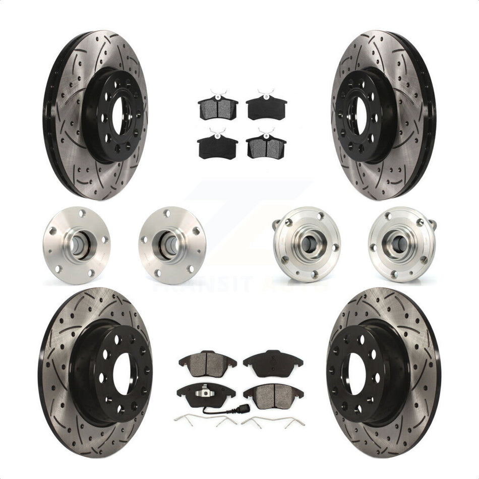 Front Rear Hub Bearings Coated Disc Brake Rotors And Semi-Metallic Pads Kit (10Pc) For 2014 Volkswagen Beetle Base Highline Comfortline with 2.5L With 272mm Diameter Rotor KBB-116732 by Transit Auto