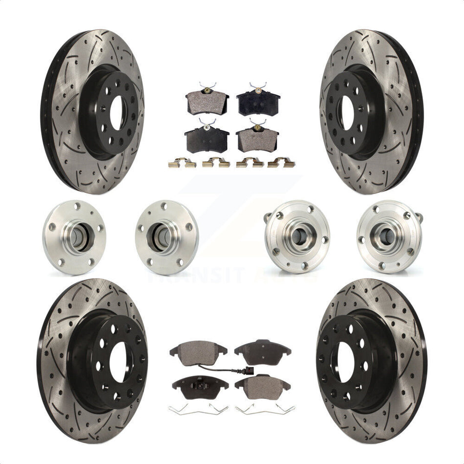 Front Rear Hub Bearings Assembly Coated Disc Brake Rotors And Ceramic Pads Kit (10Pc) For 2014 Volkswagen Beetle R-Line GSR with 2.0L With 272mm Diameter Rotor KBB-116733 by Transit Auto
