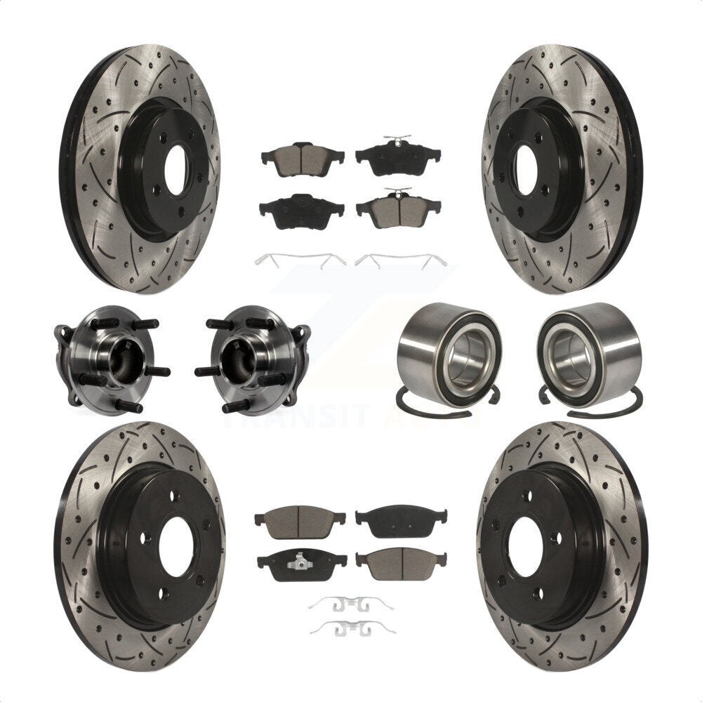 Front Rear Wheel Hub Bearings Assembly Coated Disc Brake Rotors And Ceramic Pads Kit (10Pc) For 2013 Ford Focus ST Without Active Park Assist KBB-117484 by Transit Auto
