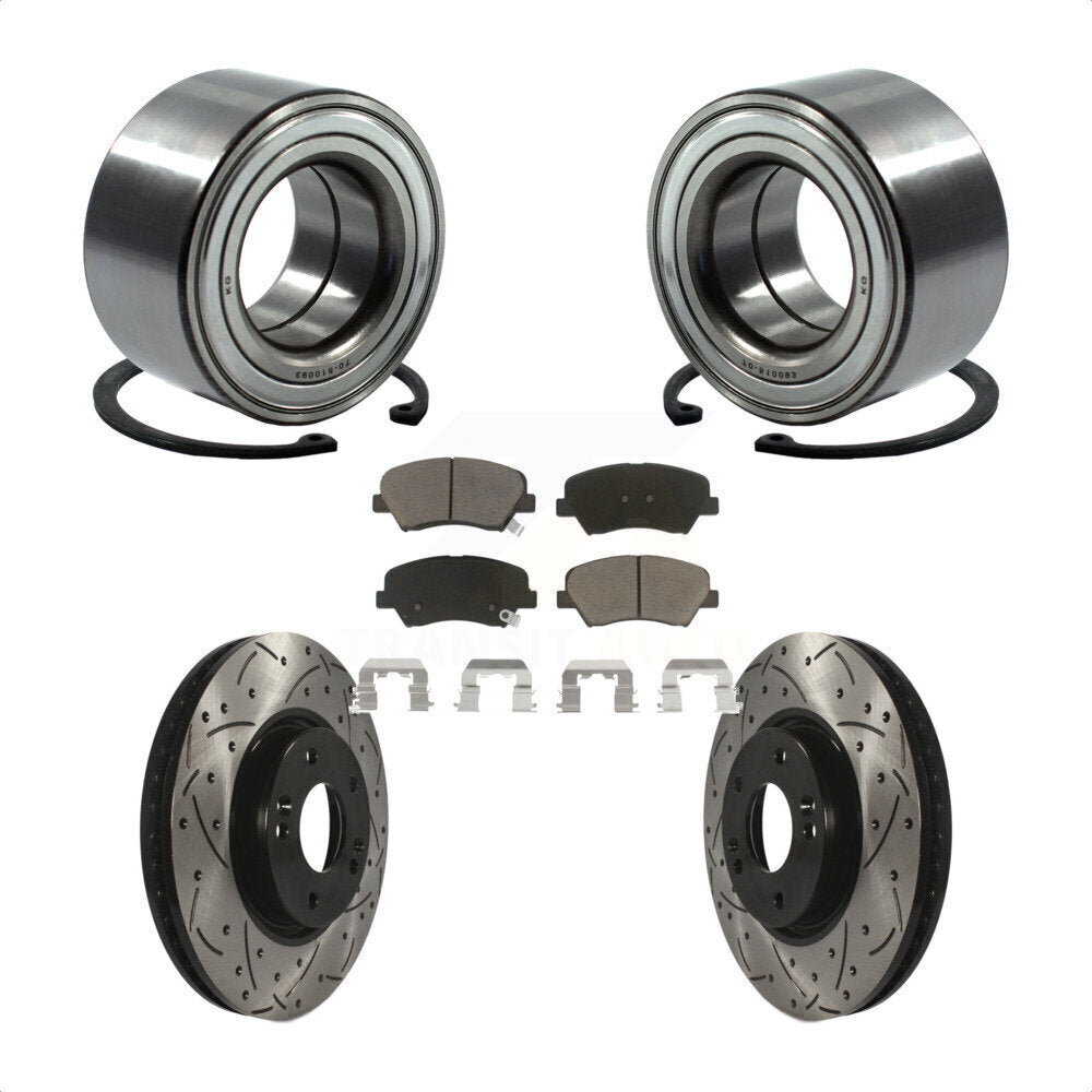 Front Wheel Bearing With Coated Drilled Slotted Disc Brake Rotors And Ceramic Pads Kit For 2015 Hyundai Veloster Tech RE FLEX SE KBB-117648 by Transit Auto
