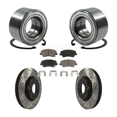Front Wheel Bearing With Coated Drilled Slotted Disc Brake Rotors And Ceramic Pads Kit For 2015 Hyundai Veloster Tech RE FLEX SE KBB-117648 by Transit Auto
