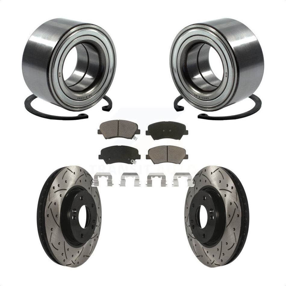 Front Wheel Bearing With Coated Drilled Slotted Disc Brake Rotors And Ceramic Pads Kit For 2015 Hyundai Veloster Tech RE FLEX SE KBB-117648 by Transit Auto