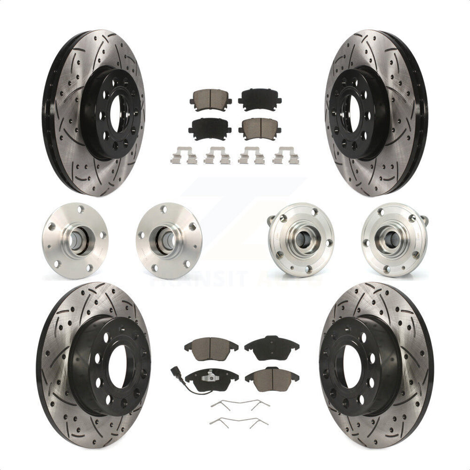 Front Rear Hub Bearings Assembly Coated Disc Brake Rotors And Ceramic Pads Kit (10Pc) For 2006-2009 Volkswagen Rabbit 4 Bolt Mounting Flange KBB-120000 by Transit Auto