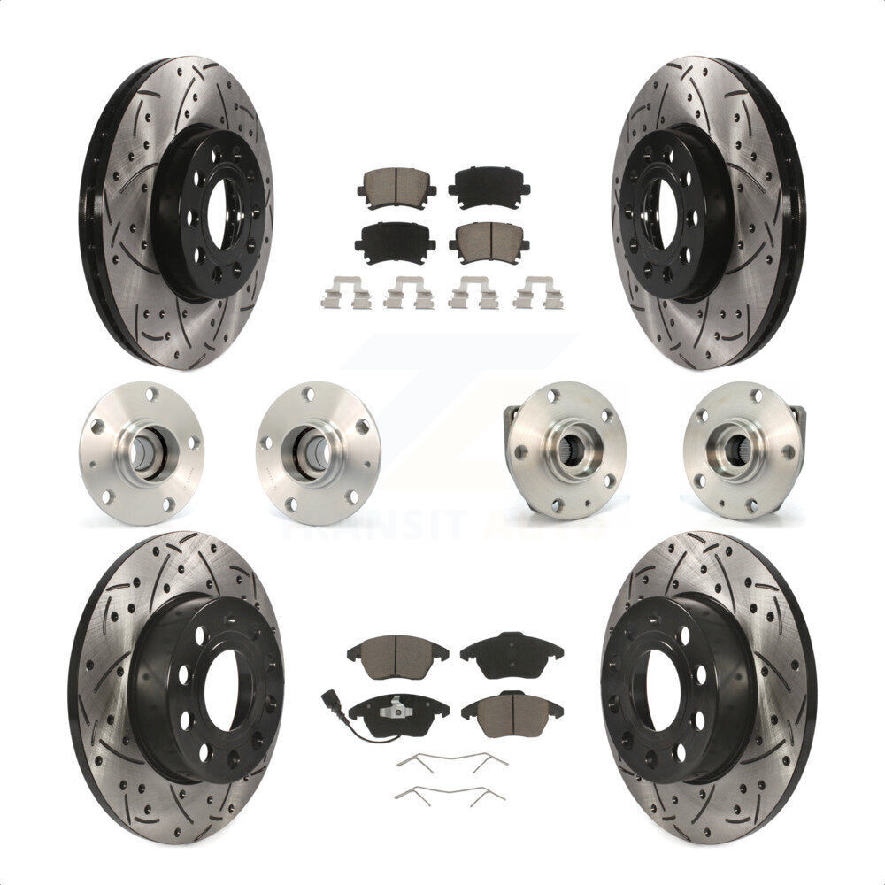 Front Rear Hub Bearings Assembly Coated Disc Brake Rotors And Ceramic Pads Kit (10Pc) For 2006-2009 Volkswagen Rabbit 3 Bolt Mounting Flange KBB-120001 by Transit Auto