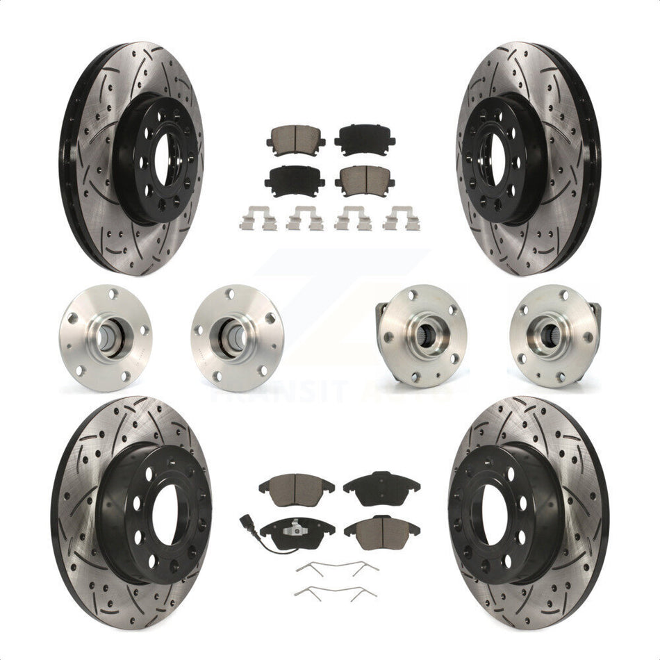 Front Rear Hub Bearings Assembly Coated Disc Brake Rotors And Ceramic Pads Kit (10Pc) For 2006-2009 Volkswagen Rabbit 3 Bolt Mounting Flange KBB-120001 by Transit Auto