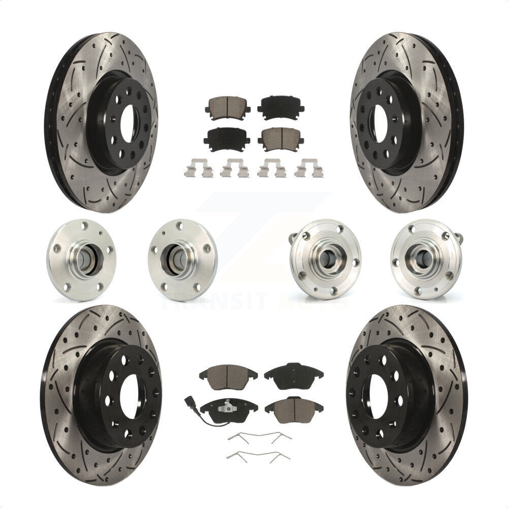 Front Rear Hub Bearings Assembly Coated Disc Brake Rotors And Ceramic Pads Kit (10Pc) For 2011 Volkswagen GTI With 32mm bearing KBB-120006 by Transit Auto