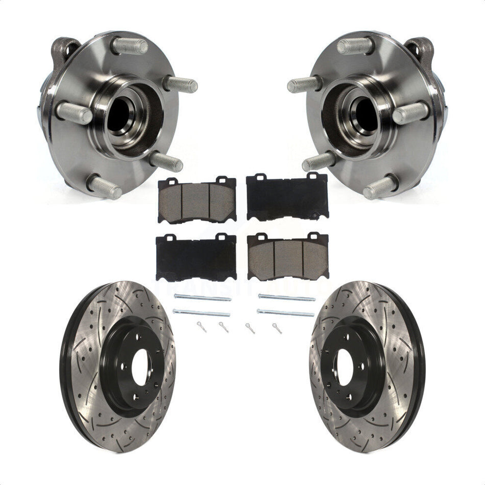Front Hub Bearing Assembly With Coated Drilled Slotted Disc Brake Rotors And Ceramic Pads Kit For 2017-2018 INFINITI Q70 Hybrid with RWD Sport Package KBB-120150 by Transit Auto