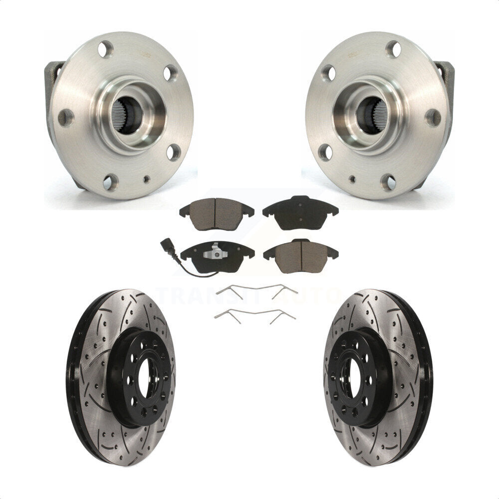 Front Hub Bearing Assembly With Coated Drilled Slotted Disc Brake Rotors And Ceramic Pads Kit For 2006-2009 Volkswagen Rabbit 3 Bolt Mounting Flange KBB-120382 by Transit Auto