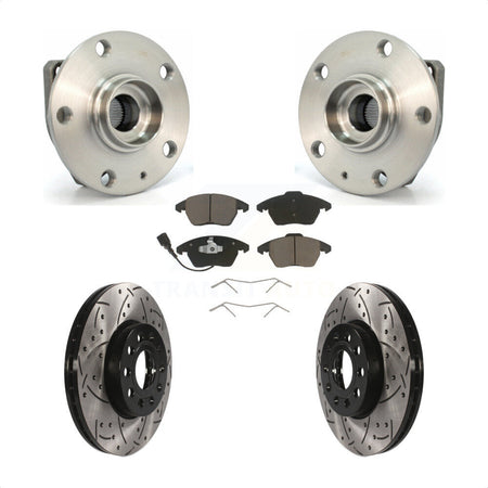 Front Hub Bearing Assembly With Coated Drilled Slotted Disc Brake Rotors And Ceramic Pads Kit For 2006-2009 Volkswagen Rabbit 3 Bolt Mounting Flange KBB-120382 by Transit Auto