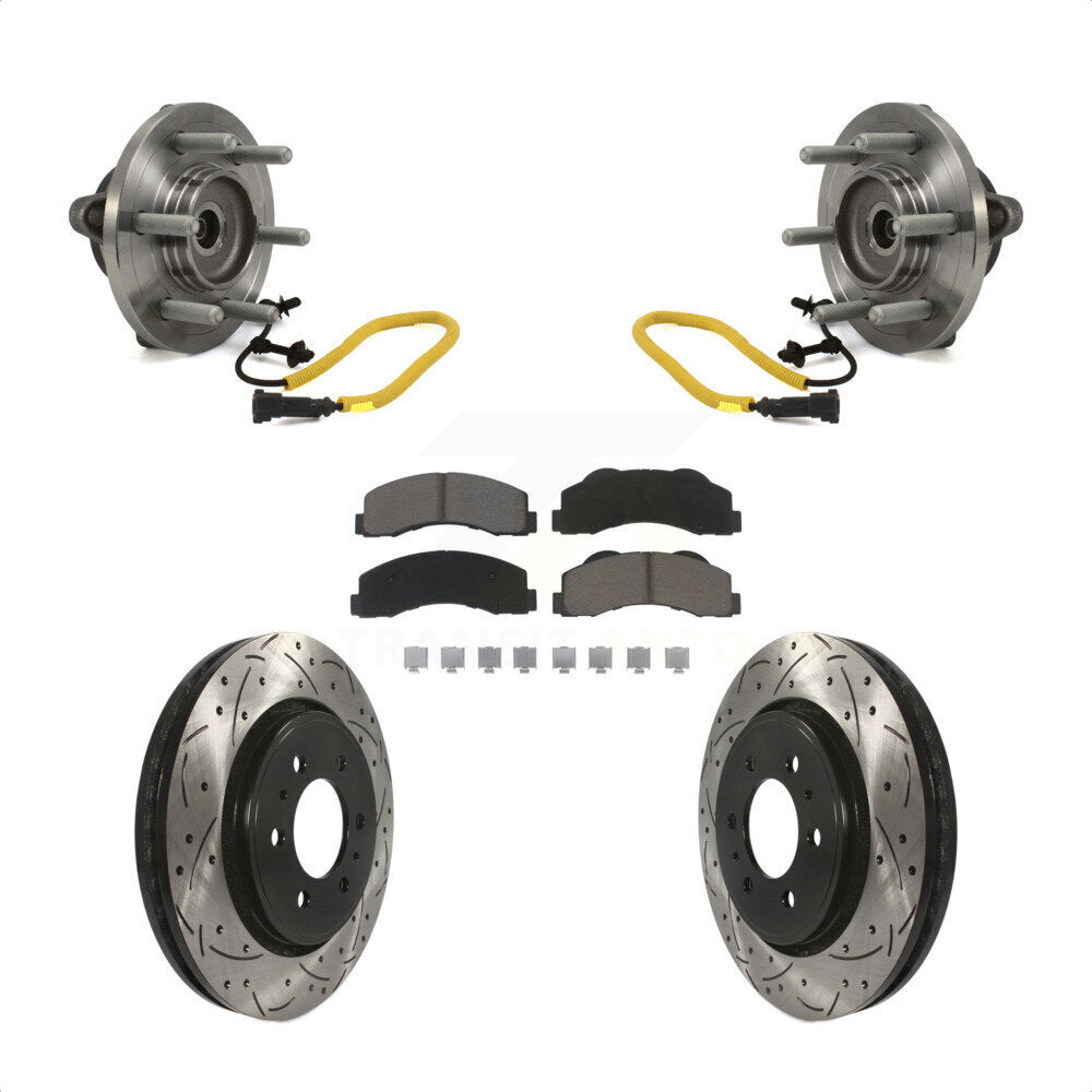 Front Hub Bearing Assembly With Coated Drilled Slotted Disc Brake Rotors And Ceramic Pads Kit For 2018-2020 Ford F-150 Limited Platinum SSV XL XLT King Ranch Lariat with 4WD KBB-120393 by Transit Auto