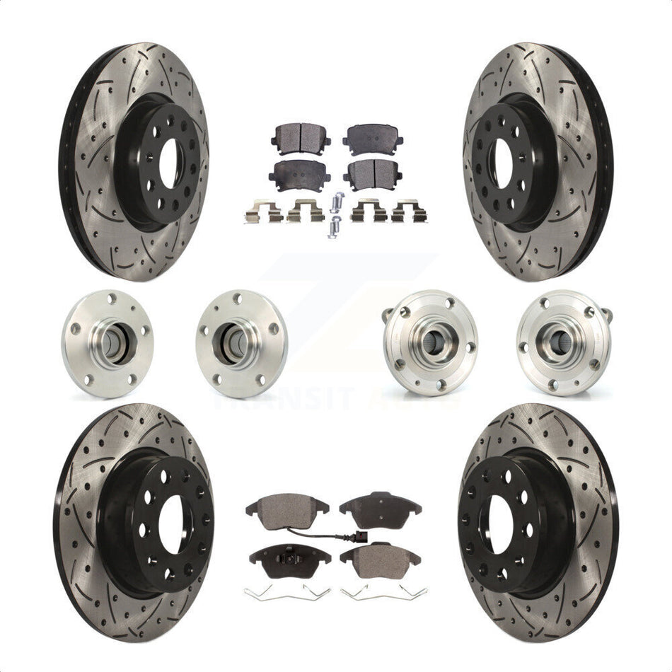 Front Rear Hub Bearings Assembly Coated Disc Brake Rotors And Semi-Metallic Pads Kit (10Pc) For 2011 Volkswagen GTI With 32mm bearing KBB-120477 by Transit Auto