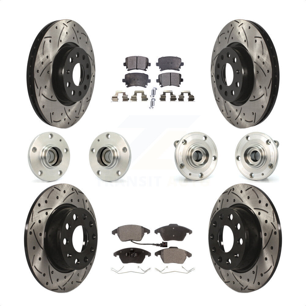 Front Rear Hub Bearings Assembly Coated Disc Brake Rotors And Ceramic Pads Kit (10Pc) For 2011 Volkswagen GTI With 32mm bearing KBB-120494 by Transit Auto