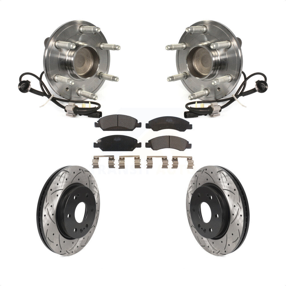 Front Hub Bearing Assembly With Coated Drilled Slotted Disc Brake Rotors And Ceramic Pads Kit For 2019 Chevrolet Silverado 1500 LD RWD 4 Piston Caliper KBB-123076 by Transit Auto