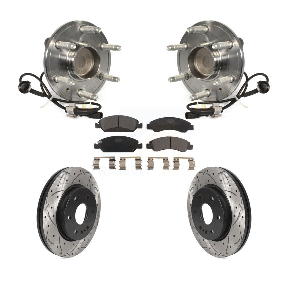 Front Hub Bearing Assembly With Coated Drilled Slotted Disc Brake Rotors And Ceramic Pads Kit For 2019 Chevrolet Silverado 1500 LD RWD 4 Piston Caliper KBB-123076 by Transit Auto