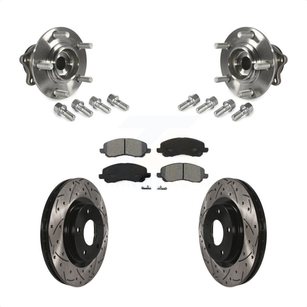 Front Hub Bearing Assembly With Coated Drilled Slotted Disc Brake Rotors And Semi-Metallic Pads Kit For 2011-2012 Mitsubishi RVR 4WD KBB-123756 by Transit Auto