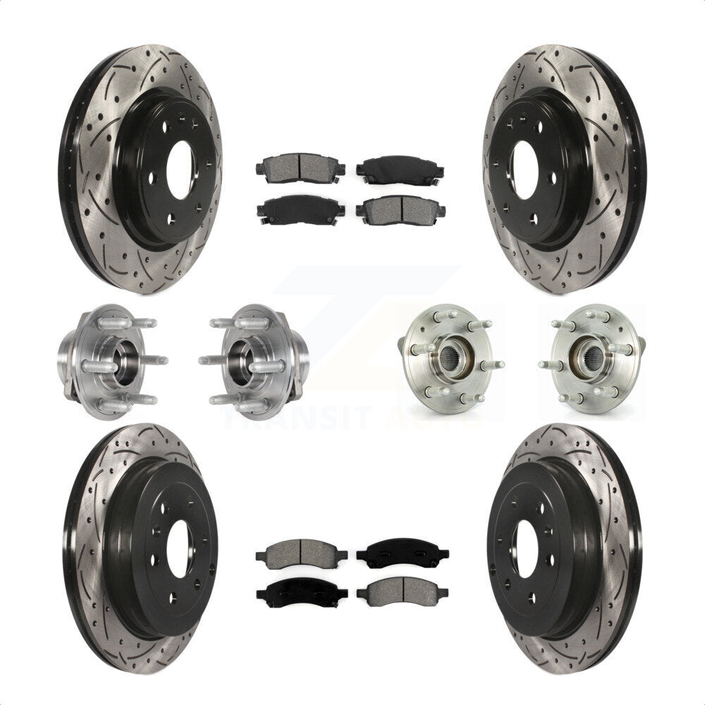 Front Rear Hub Bearings Assembly Coated Disc Brake Rotors And Semi-Metallic Pads Kit (10Pc) For 2017 Buick Enclave AWD KBB-123763 by Transit Auto