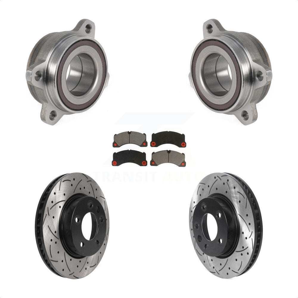 Front Hub Bearing Assembly With Coated Drilled Slotted Disc Brake Rotors And Ceramic Pads Kit For 2016 Volkswagen Touareg KBB-123829 by Transit Auto