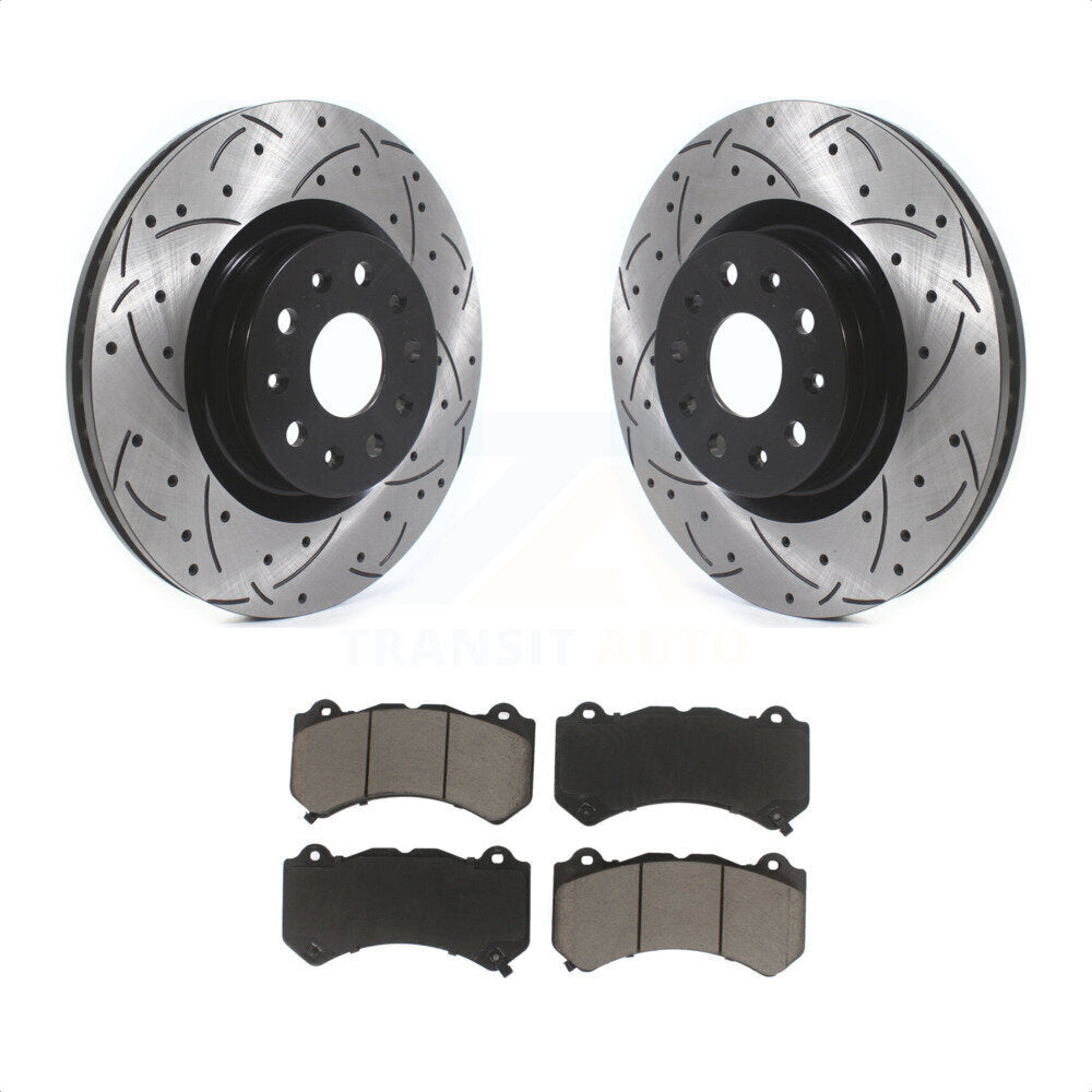 Front Coated Drilled Slotted Disc Brake Rotors And Ceramic Pads Kit For 2016 Cadillac CTS Vsport Premium with RWD KDC-100103 by Transit Auto