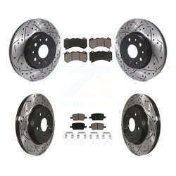 Front Rear Coated Drilled Slotted Disc Brake Rotors And Ceramic Pads Kit For 2019-2020 Chevrolet Camaro LT LS With 6 Piston Brembo Calipers KDC-100434
