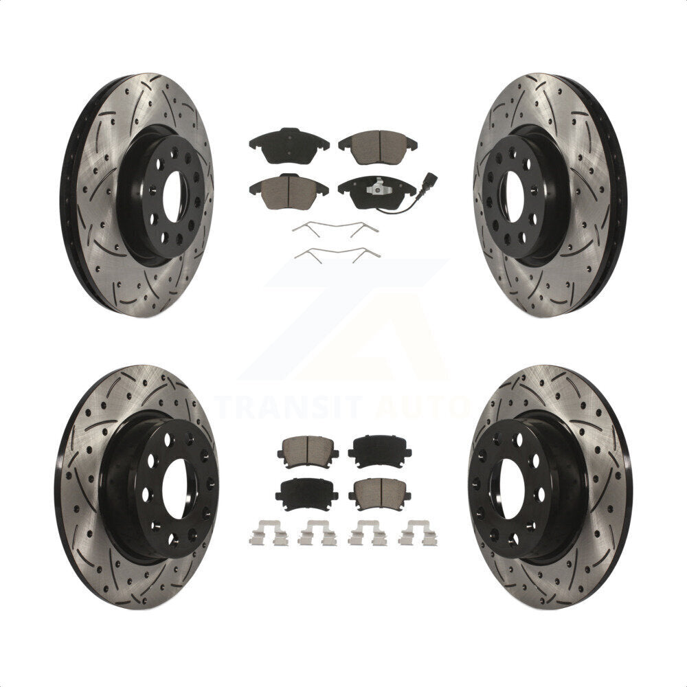 Front Rear Coated Drilled Slotted Disc Brake Rotors And Ceramic Pads Kit For 2011 Volkswagen GTI KDC-100618 by Transit Auto