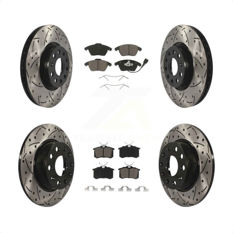 Front Rear Coated Drilled Slotted Disc Brake Rotors And Ceramic Pads Kit For 2014 Volkswagen Beetle R-Line GSR With 272mm Diameter Rotor KDC-100644 by Transit Auto