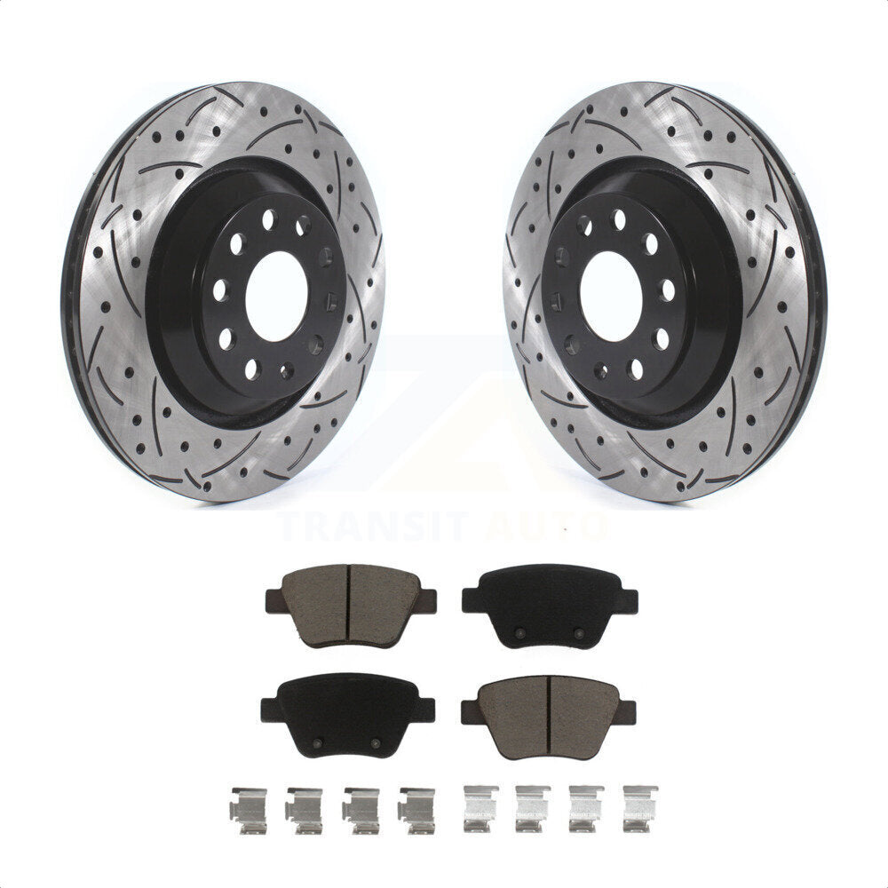 Rear Coated Drilled Slotted Disc Brake Rotors And Ceramic Pads Kit For 2013 Volkswagen GTI With 310mm Diameter Rotor KDC-100704 by Transit Auto