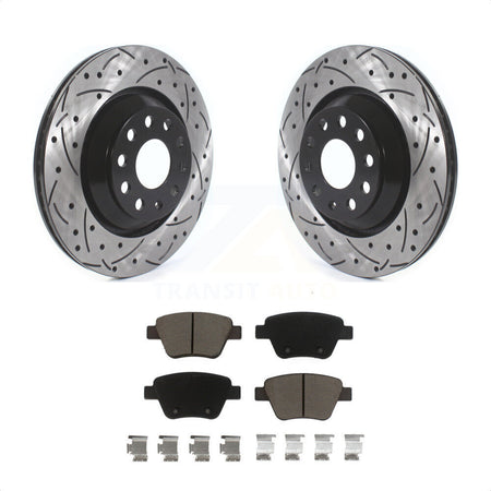 Rear Coated Drilled Slotted Disc Brake Rotors And Ceramic Pads Kit For 2013 Volkswagen GTI With 310mm Diameter Rotor KDC-100704 by Transit Auto