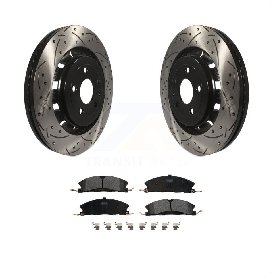 Front Coated Drilled Slotted Disc Brake Rotors And Semi-Metallic Pads Kit For Ford Explorer Taurus Flex Police Interceptor Utility Lincoln Sedan MKS MKT Special Service KDF-100033 by Transit Auto