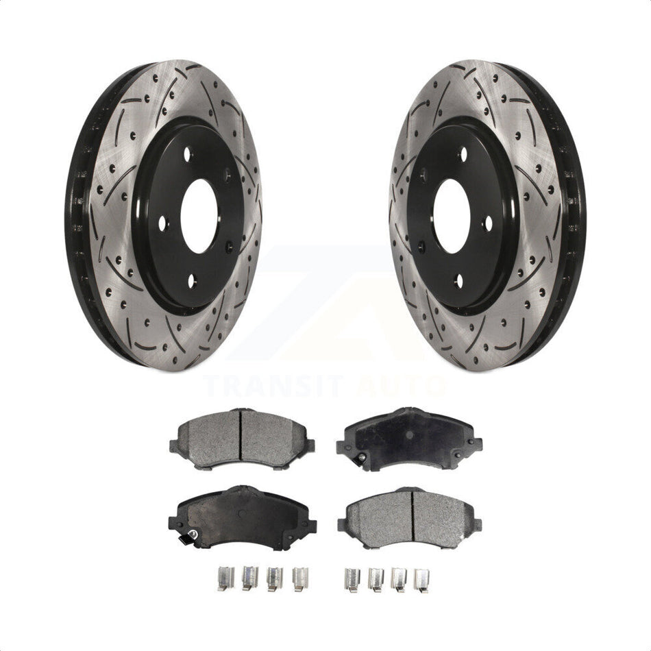 Front Coated Drilled Slotted Disc Brake Rotors And Semi-Metallic Pads Kit For Dodge Grand Caravan Chrysler Town & Country Journey Volkswagen Routan Ram C/V KDF-100049 by Transit Auto