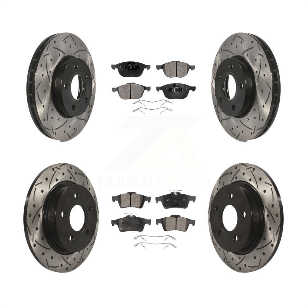 Front Rear Coated Drilled Slotted Disc Brake Rotors And Semi-Metallic Pads Kit For Ford Focus KDF-100229 by Transit Auto