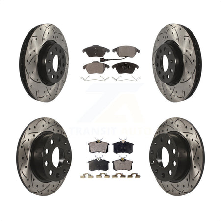 Front Rear Coated Drilled Slotted Disc Brake Rotors And Semi-Metallic Pads Kit For Volkswagen Jetta Beetle KDF-100295 by Transit Auto