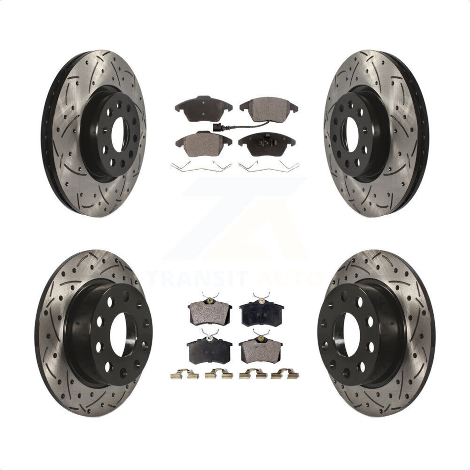 Front Rear Coated Drilled Slotted Disc Brake Rotors And Semi-Metallic Pads Kit For Volkswagen Jetta Beetle KDF-100295 by Transit Auto