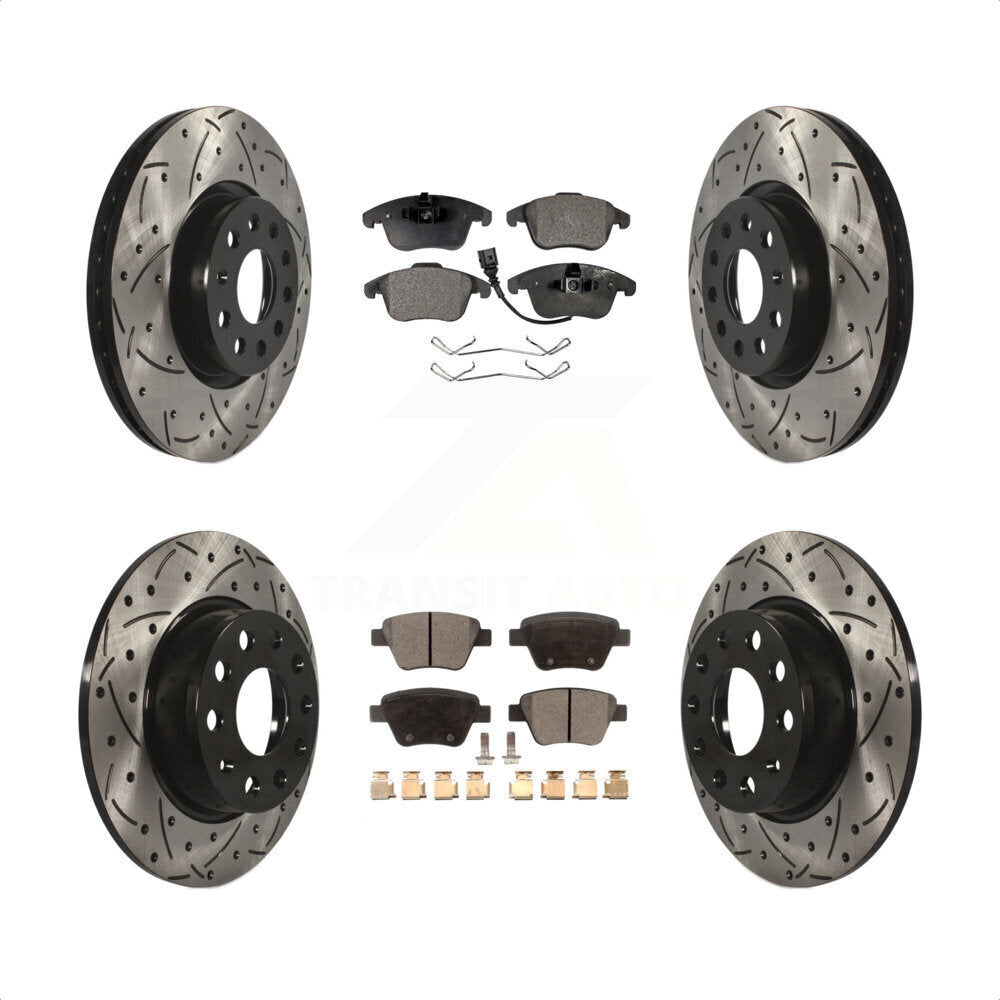 Front Rear Coated Drilled Slotted Disc Brake Rotors And Semi-Metallic Pads Kit For Volkswagen Passat KDF-100297 by Transit Auto