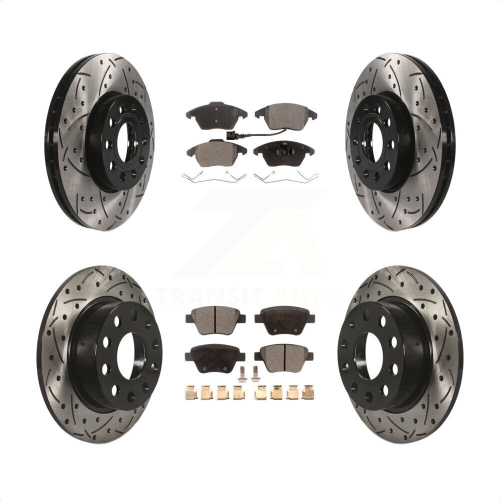 Front Rear Coated Drilled Slotted Disc Brake Rotors And Semi-Metallic Pads Kit For 2013 Volkswagen Beetle 2.5L With 253mm Diameter Rotor KDF-100300 by Transit Auto