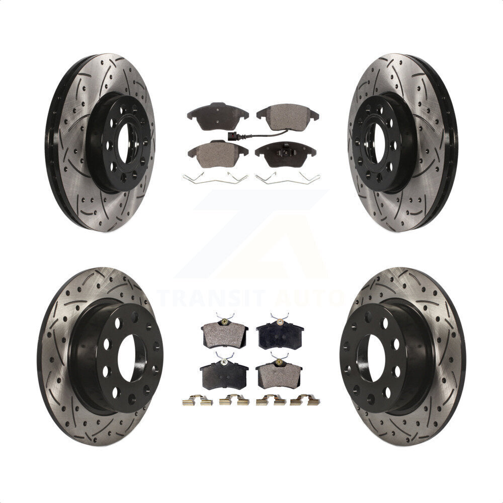 Front Rear Coated Drilled Slotted Disc Brake Rotors And Semi-Metallic Pads Kit For Volkswagen Jetta Beetle KDF-100301 by Transit Auto