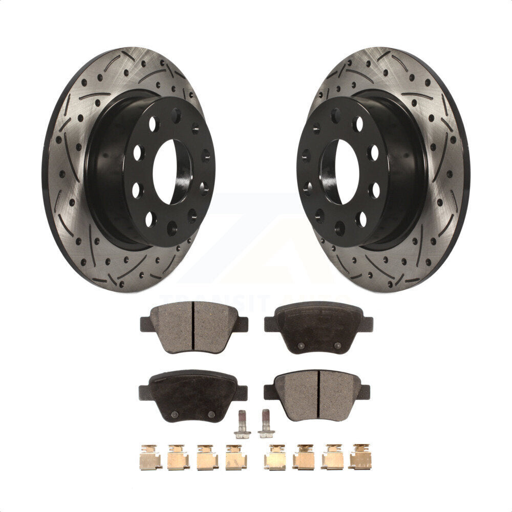 Rear Coated Drilled Slotted Disc Brake Rotors And Semi-Metallic Pads Kit For Volkswagen Beetle GTI Eos With 253mm Diameter Rotor KDF-100514 by Transit Auto