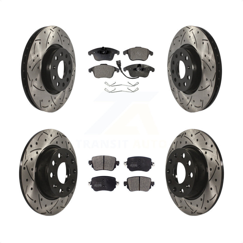 Front Rear Coated Drilled Slotted Disc Brake Rotors And Semi-Metallic Pads Kit For Volkswagen Passat KDF-100572 by Transit Auto