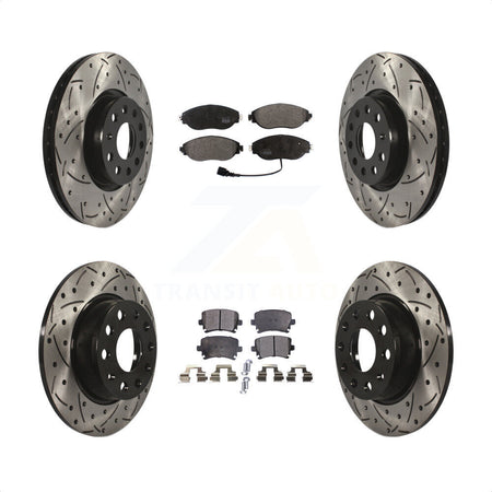 Front Rear Coated Drilled Slotted Disc Brake Rotors And Semi-Metallic Pads Kit For 2015 Volkswagen GTI With Performance Package KDF-100574 by Transit Auto