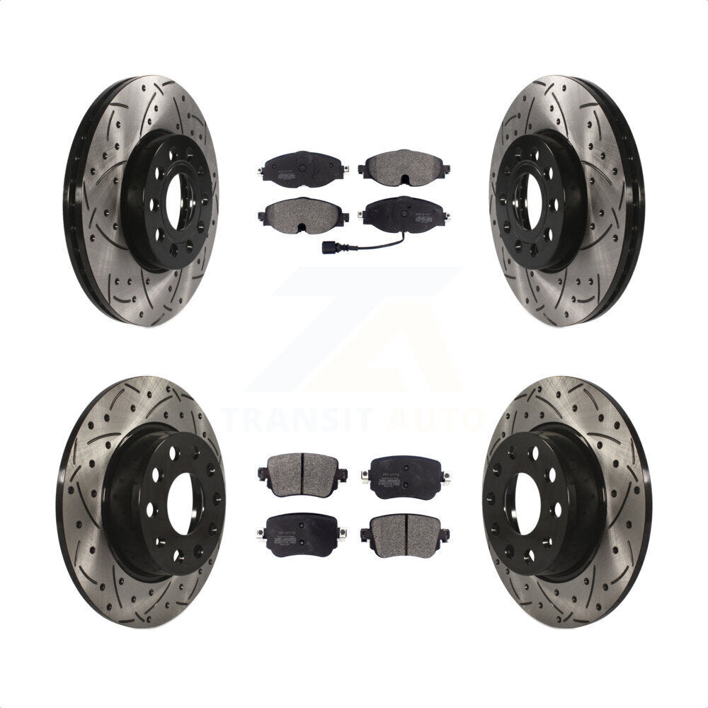 Front Rear Coated Drilled Slotted Disc Brake Rotors And Semi-Metallic Pads Kit For Volkswagen Golf SportWagen KDF-100579 by Transit Auto