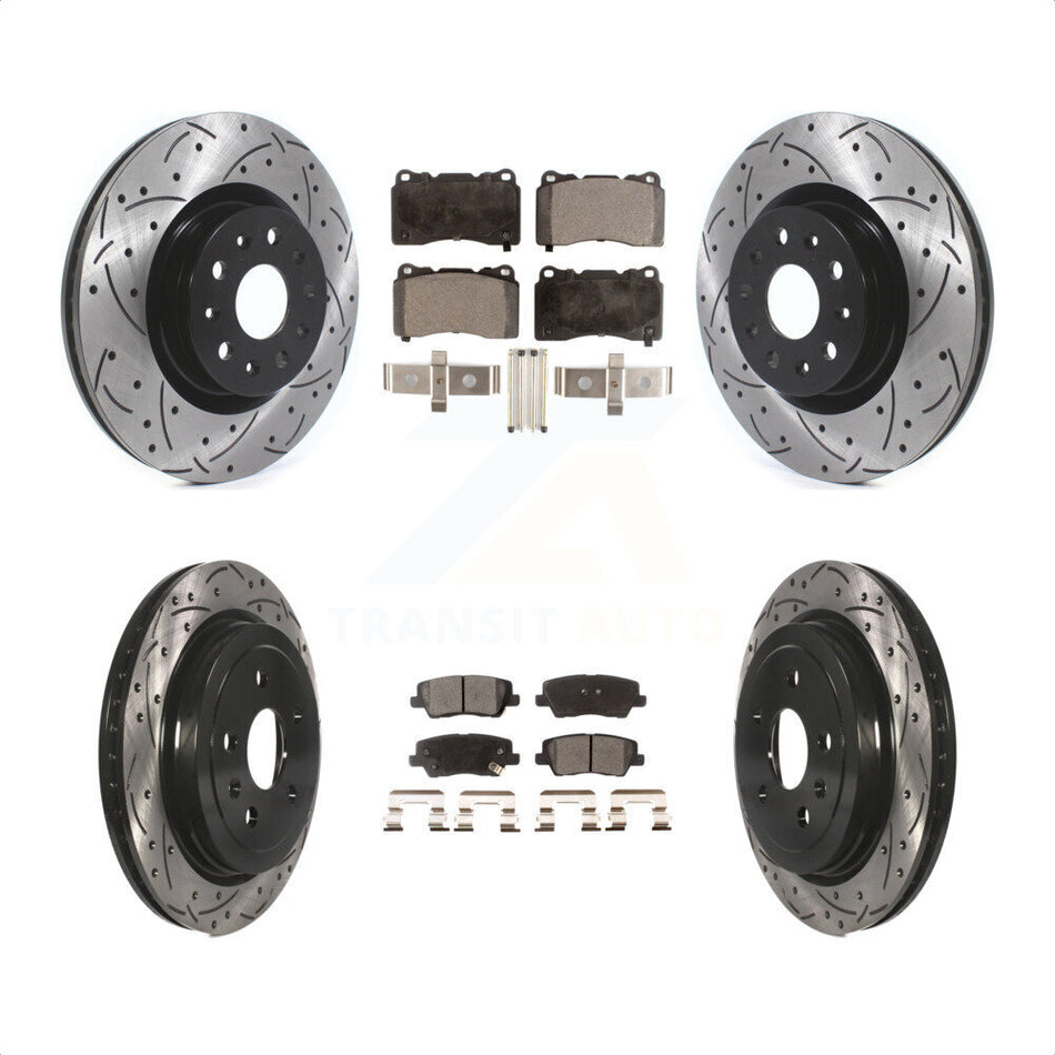 Front Rear Coated Drilled Slotted Disc Brake Rotors And Semi-Metallic Pads Kit For Cadillac CTS With 18" Factory Wheels KDF-100645 by Transit Auto