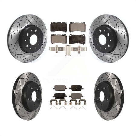 Front Rear Coated Drilled Slotted Disc Brake Rotors And Semi-Metallic Pads Kit For Chevrolet Camaro KDF-100648 by Transit Auto