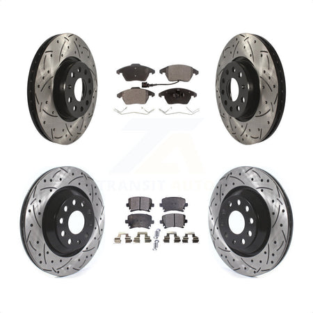 Front Rear Coated Drilled Slotted Disc Brake Rotors And Semi-Metallic Pads Kit For 2009-2010 Volkswagen Passat CC With 312mm Diameter Rotor KDF-100656 by Transit Auto