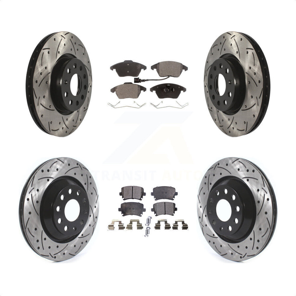 Front Rear Coated Drilled Slotted Disc Brake Rotors And Semi-Metallic Pads Kit For 2009-2010 Volkswagen Passat CC With 312mm Diameter Rotor KDF-100656 by Transit Auto