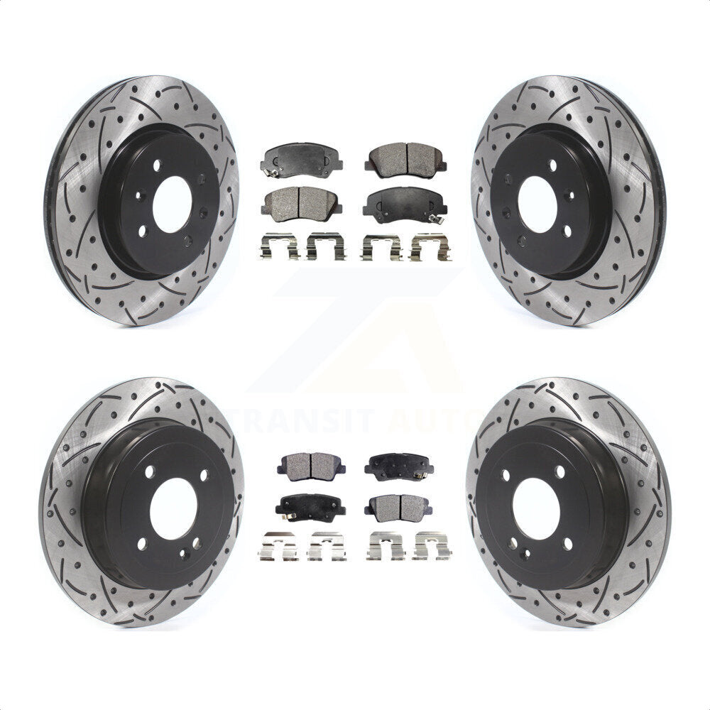 Front Rear Coated Drilled Slotted Disc Brake Rotors And Semi-Metallic Pads Kit For Kia Rio KDF-100663 by Transit Auto